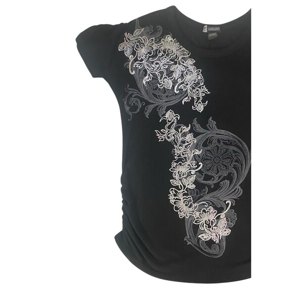 Joujou Womens Top Size 3X Ruched Arms & Sides Black w/Silver Grey Floral Detail - Picture 10 of 10